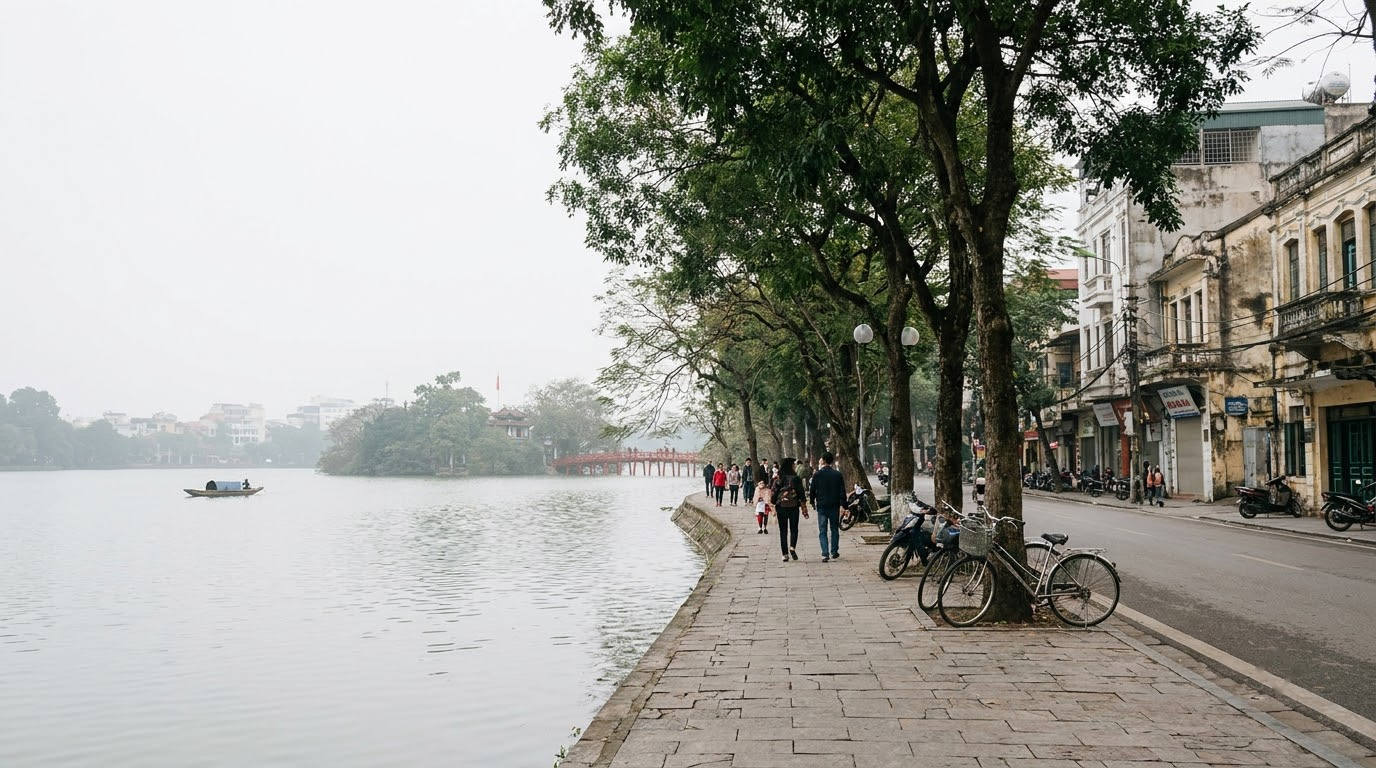 Hoan Kiem Lake edge in Hanoi, Vietnam: AI illustration of the area