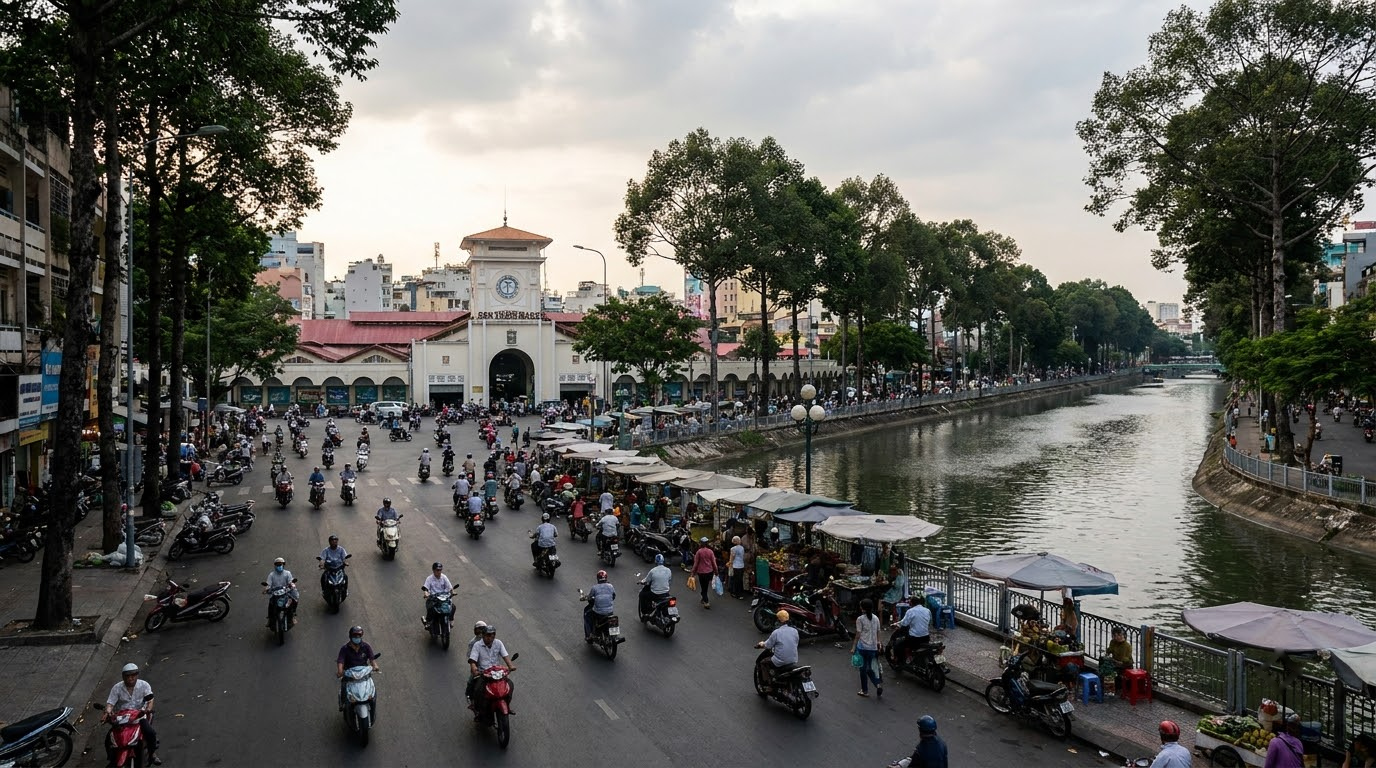 Ben Thanh and Pham Ngu Lao in Ho Chi Minh City, Vietnam: AI illustration of the area