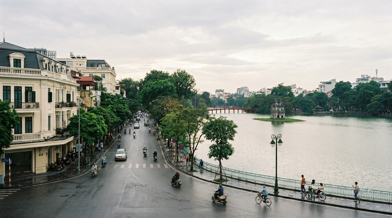 Hoan Kiem and the French Quarter in Hanoi, Vietnam: AI illustration of the area