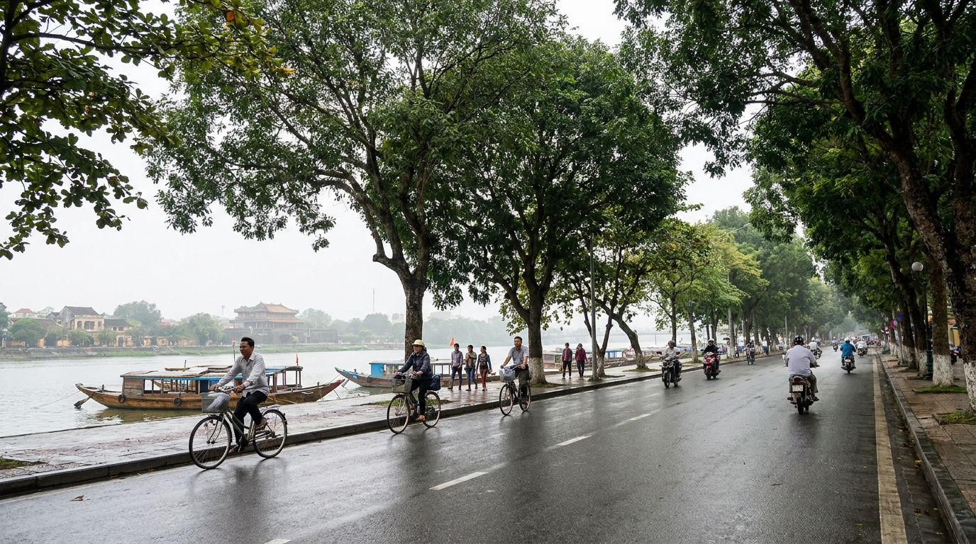 Le Loi riverside in Hue, Vietnam: AI illustration of the area