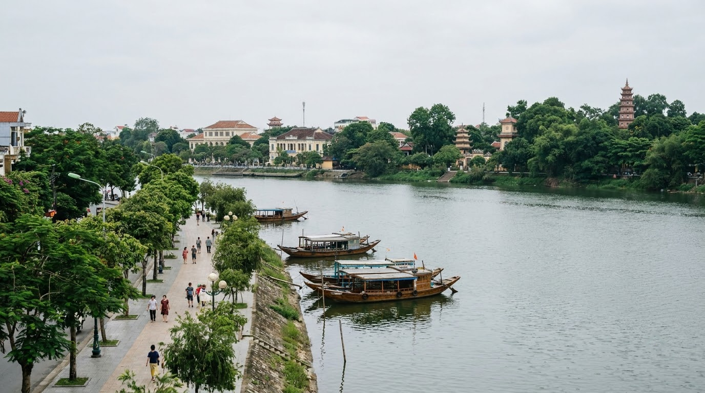 South bank tourist quarter in Hue, Vietnam: AI illustration of the area