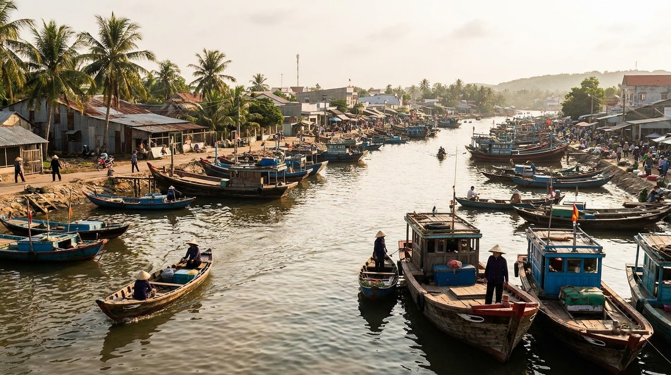 Duong Dong town and river harbour, Phu Quoc, Vietnam: AI illustration